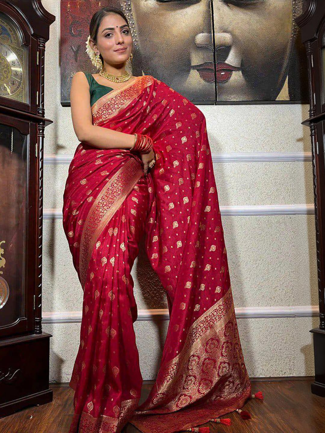 GHAN SALS Red Silk Blend Woven Design Sarees