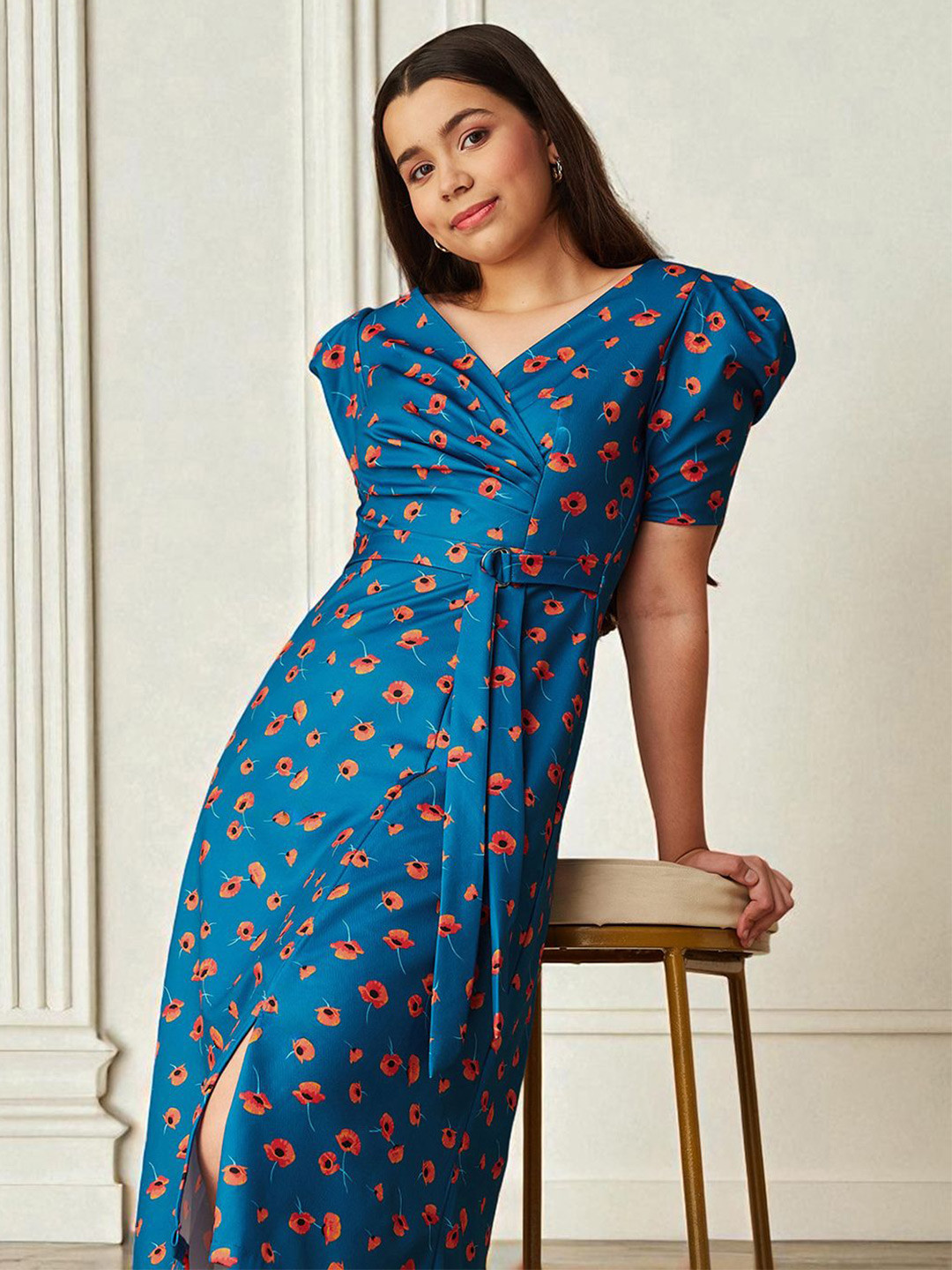 BAESD Girl's V-Neck Pleated Puff Sleeve Floral Patterned Wrap Midi Dress