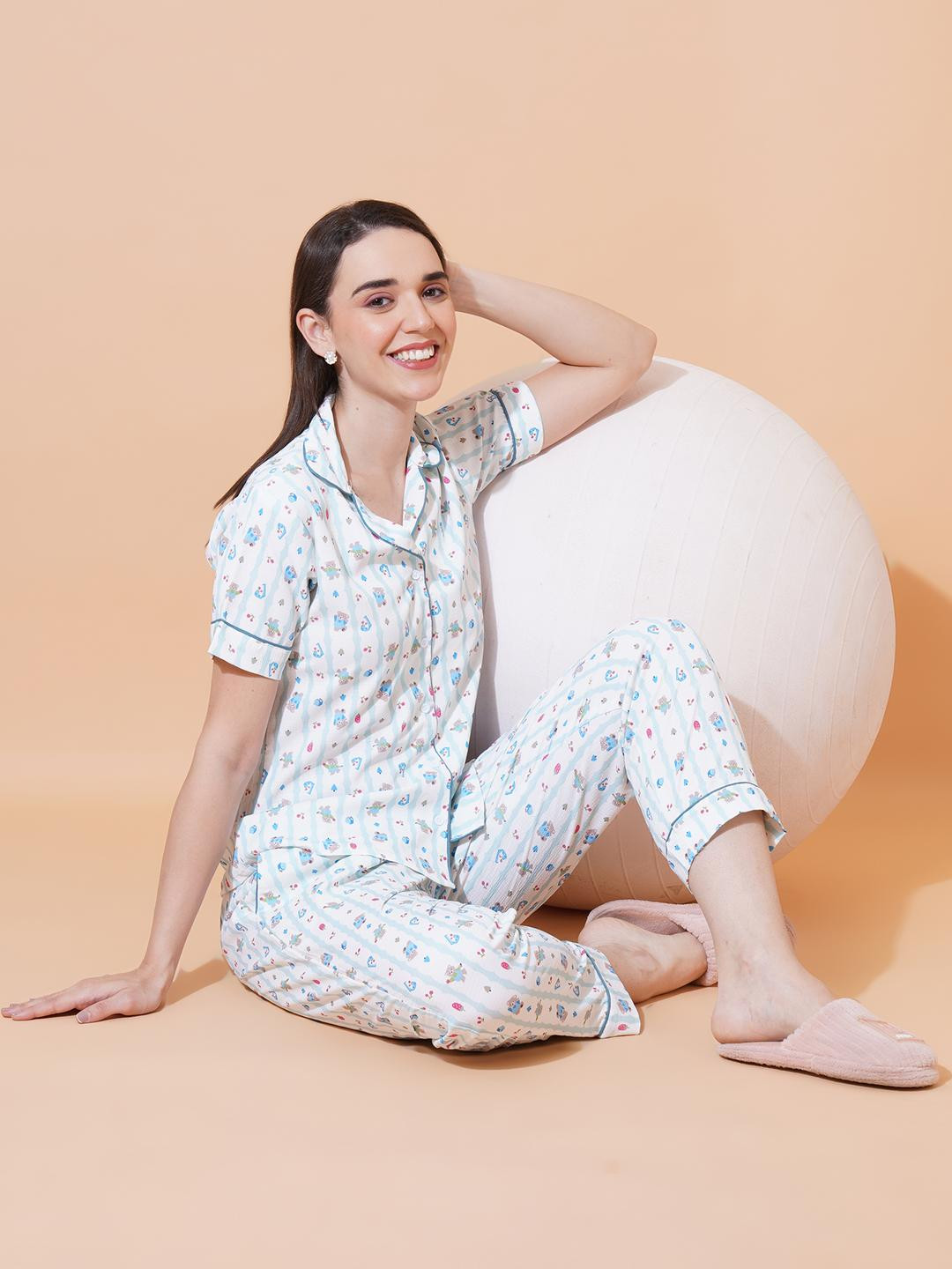 ARV TRENDS Womens White & Blue Striped Cartoon Print Knitted Pajama Set with Short Sleeves