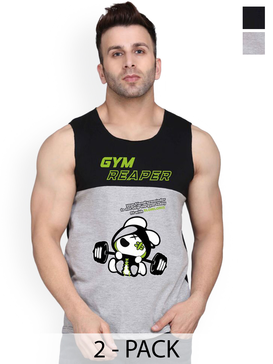 SLOWLORIS  Men Pack Of 2 Combed Cotton Gym Vests VSL26 CMB(GYM BLACKGREY)(PLAIN BLACKGREY)