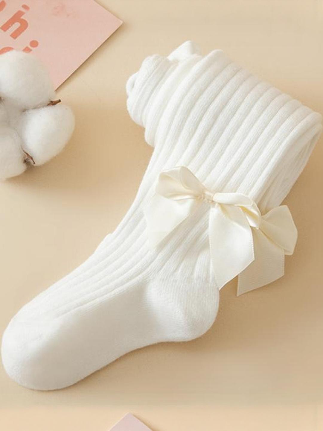 Kidofash Girls White Ribbed Cotton Stockings with Bow Detail