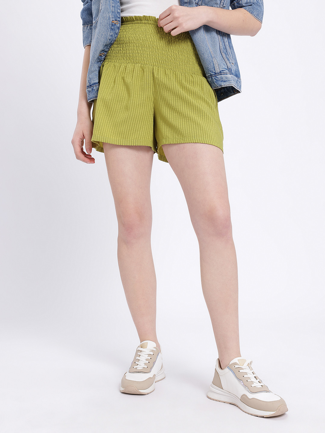 glitchez Women Smocked High-Waist Striped Seersucker Relaxed Fit Shorts