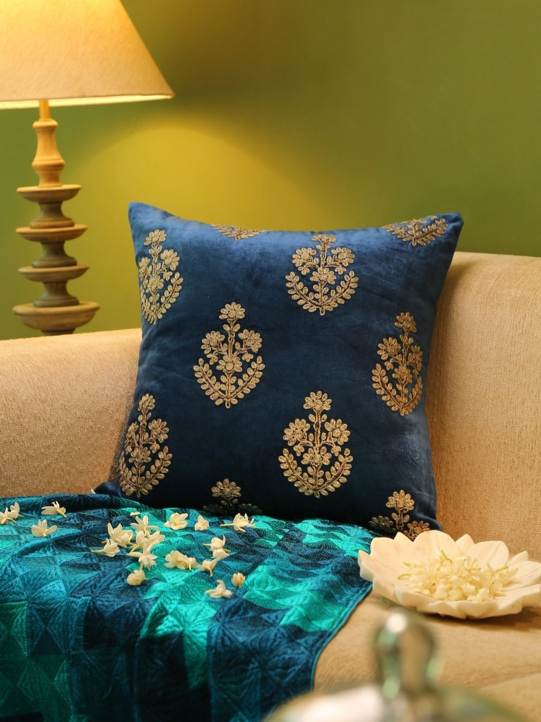 Revive Home Blue & Gold-Toned Zari Embroidered Velvet Square Cushion Cover