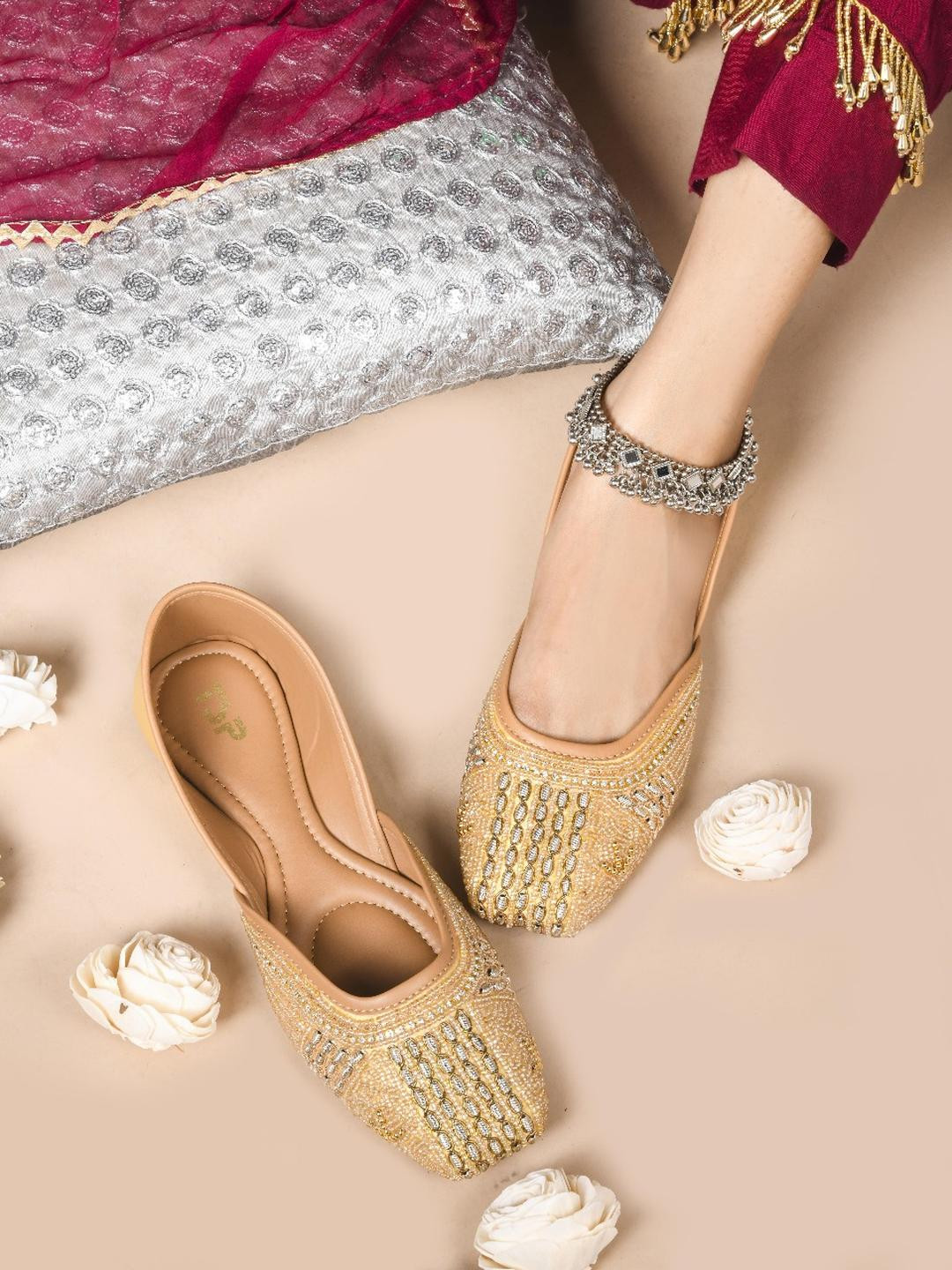 THE STHAPAK BLESS YOUR FEET Women Gold Embellished Pointed-Toe Party Mojaris