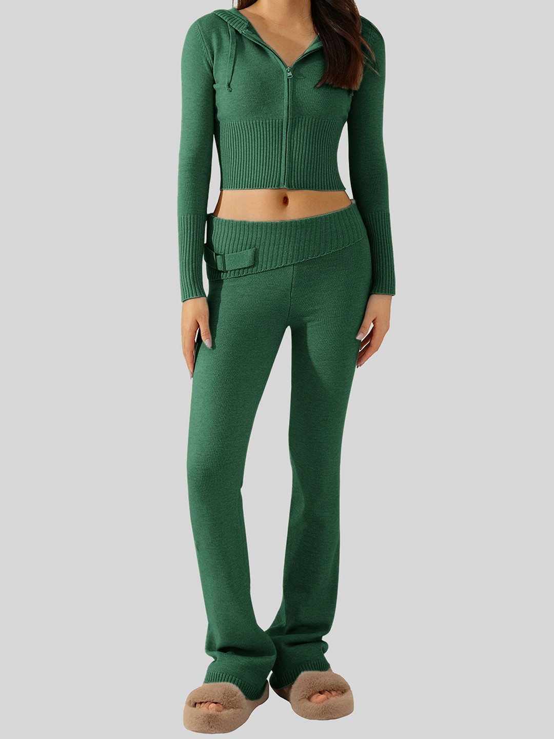 LULU & SKY Women Green Mid-Rise Bootcut Trousers