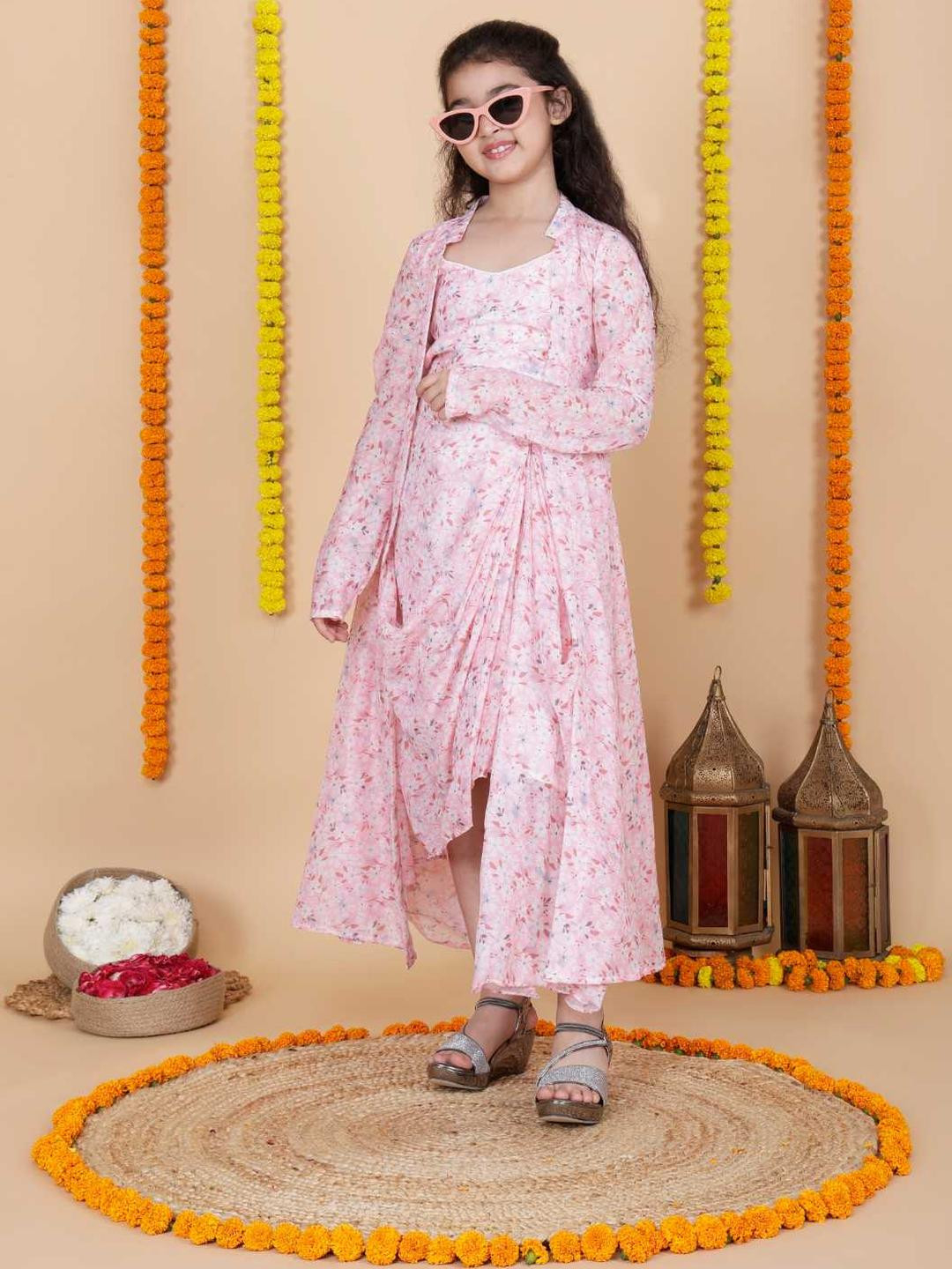 Sangria Girls Pink Cotton Blend Self Design Kurta Sets