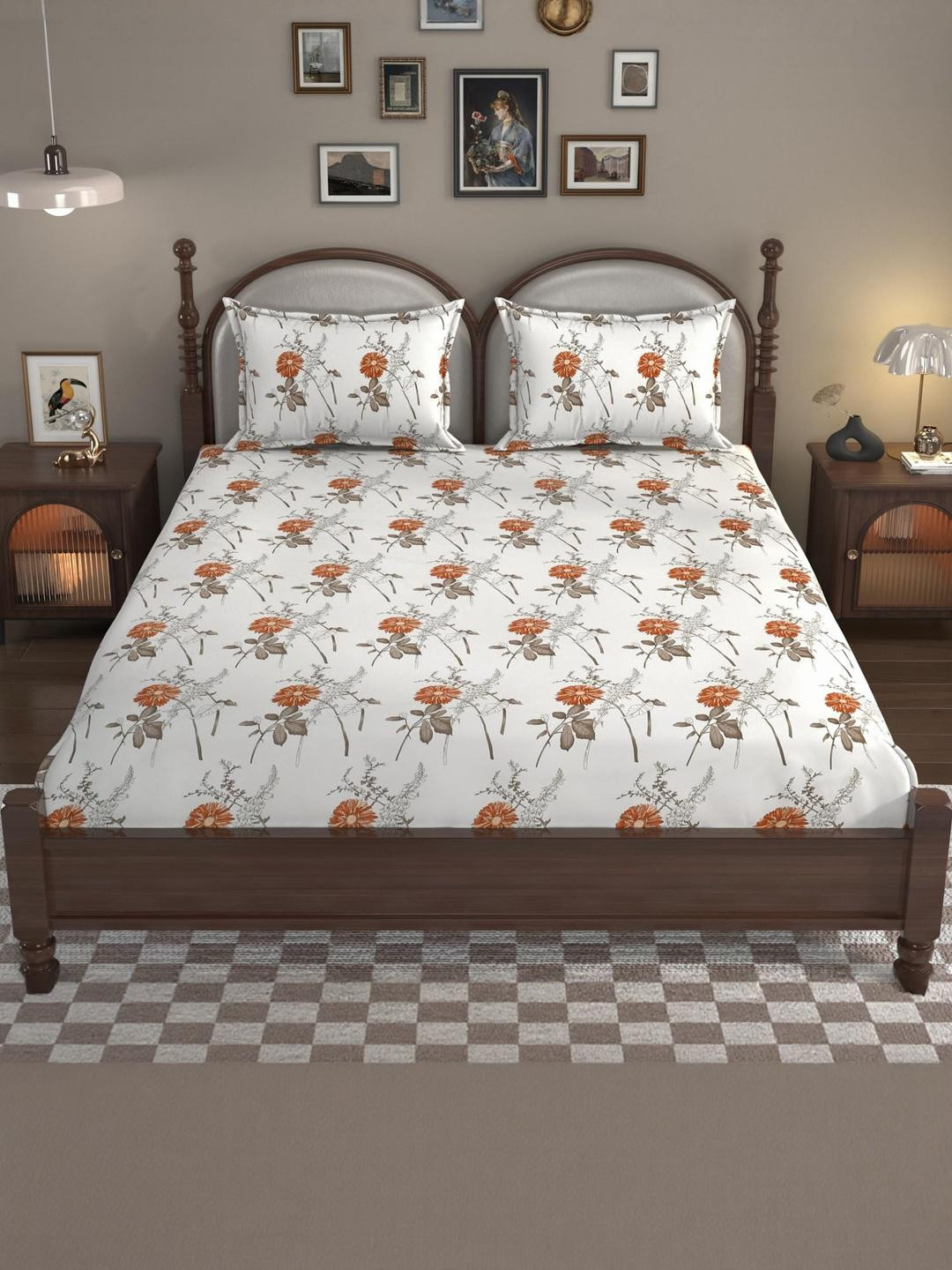 Lunar Days White & Orange Floral 160 TC King Bedsheet with 2 Pillow Covers
