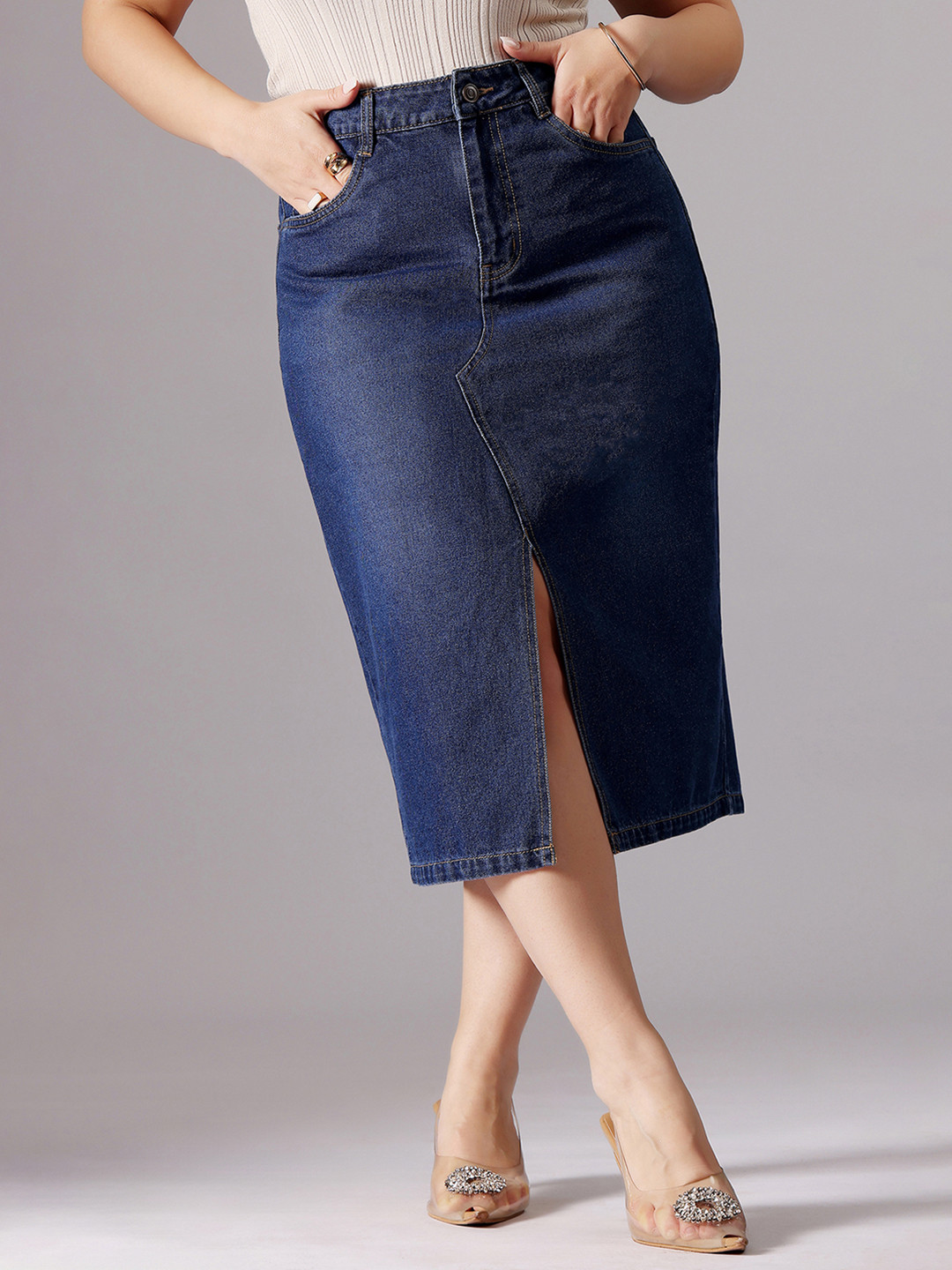 Miss Chase A+ Plus Size Women's A-Line High-Rise Clean-Look Non-stretchable Denim Midi Skirt