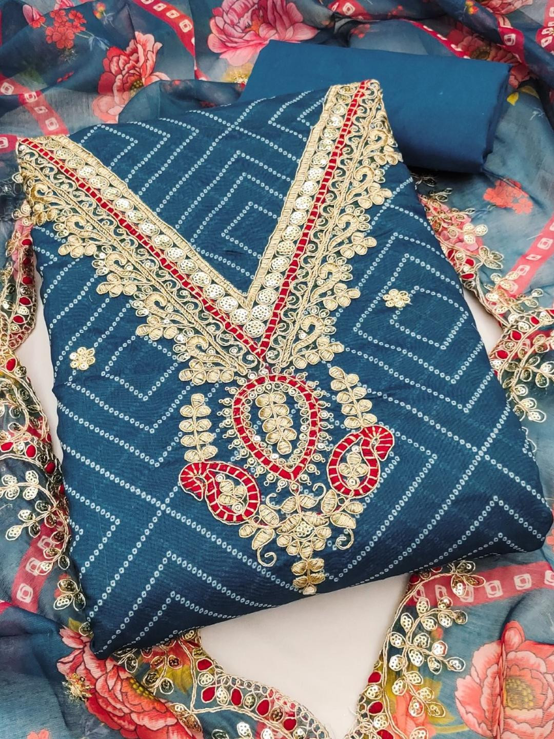 KALINI Women Blue Embroidered Bandhani Dress Material