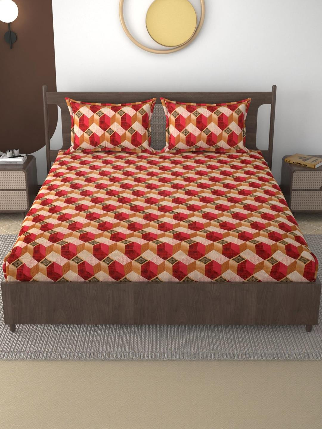 Lunar Days Red 160 TC King Bedsheet with 2 Pillow Covers