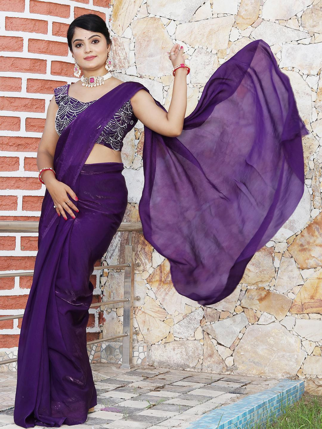 Anouk Purple Tissue Solid Sarees