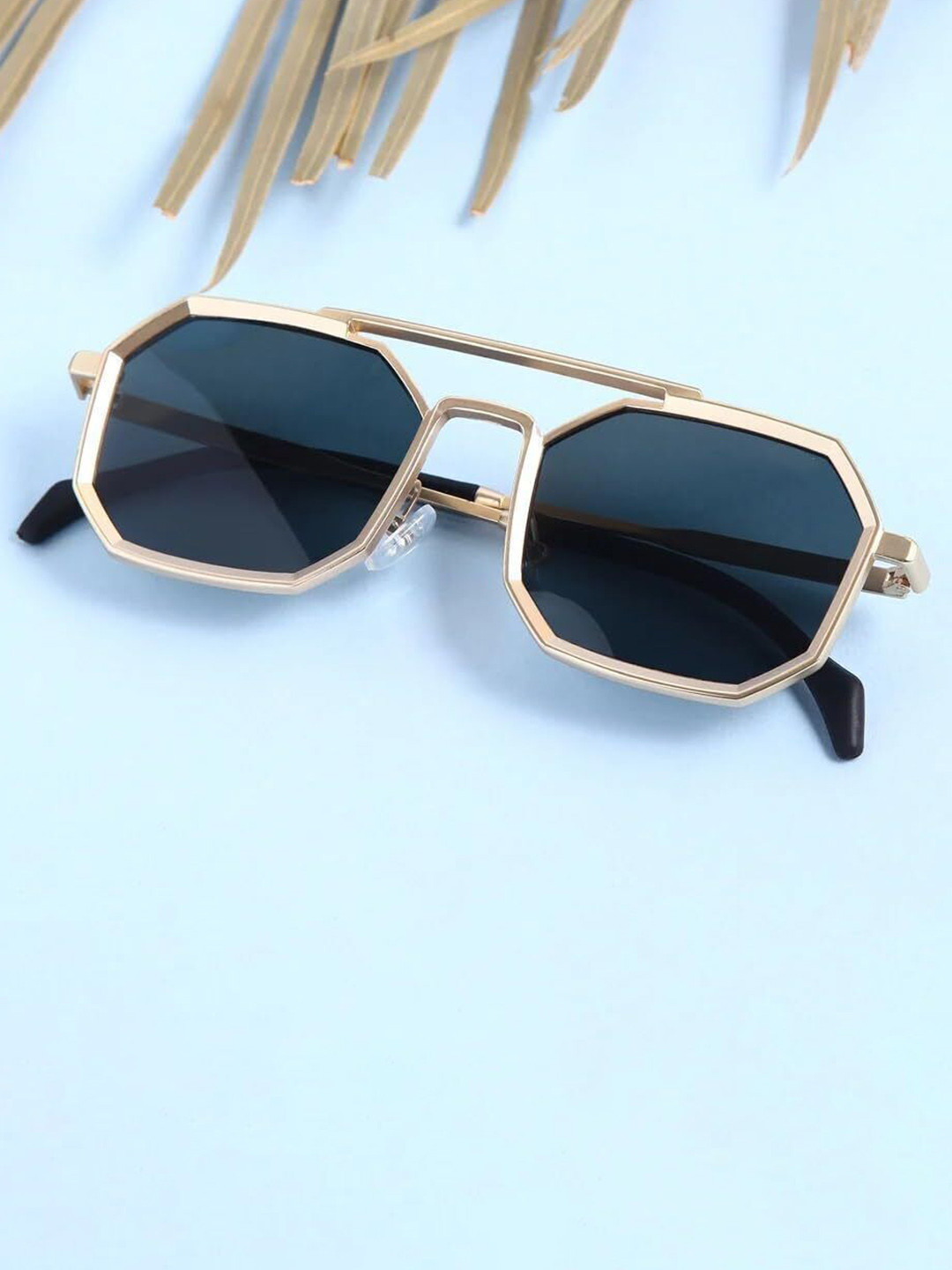 SPADEACES Unisex UV Protected Hexagon Sunglasses GOLD BLACK HEXAGUN -128