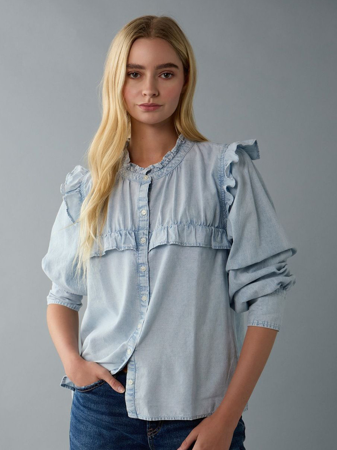 AMERICAN EAGLE OUTFITTERS Women Mandarin Collar Puff Sleeve Cotton Top