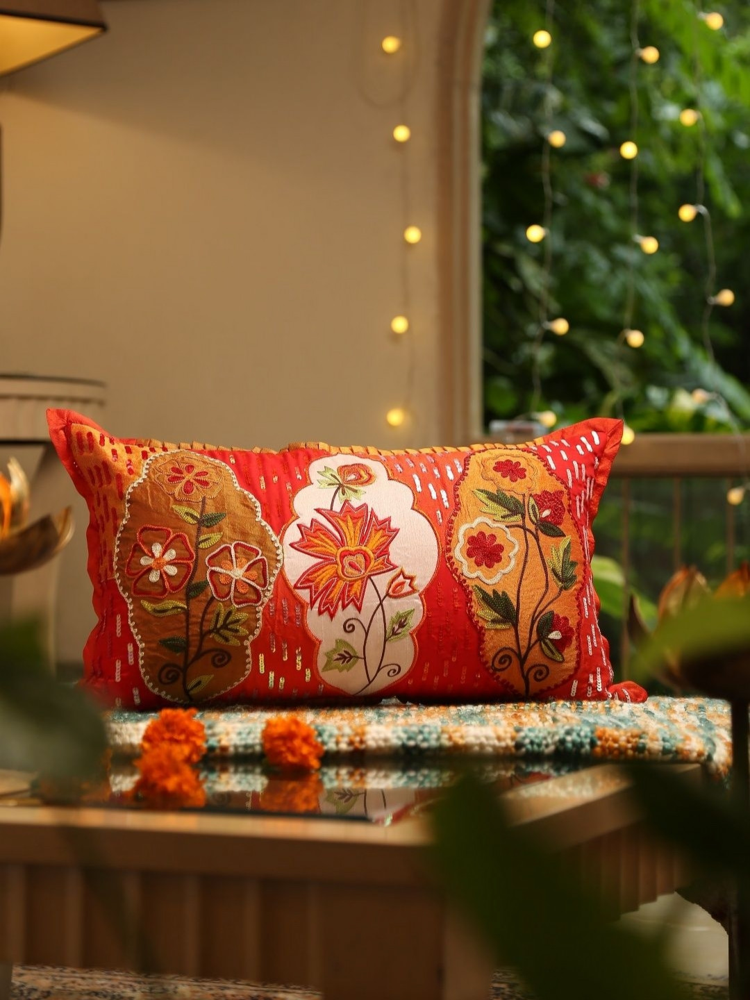 Revive Home Red & Mustard Ethnic Motifs Patch Work Embroidered Cushion Cover With Sequin