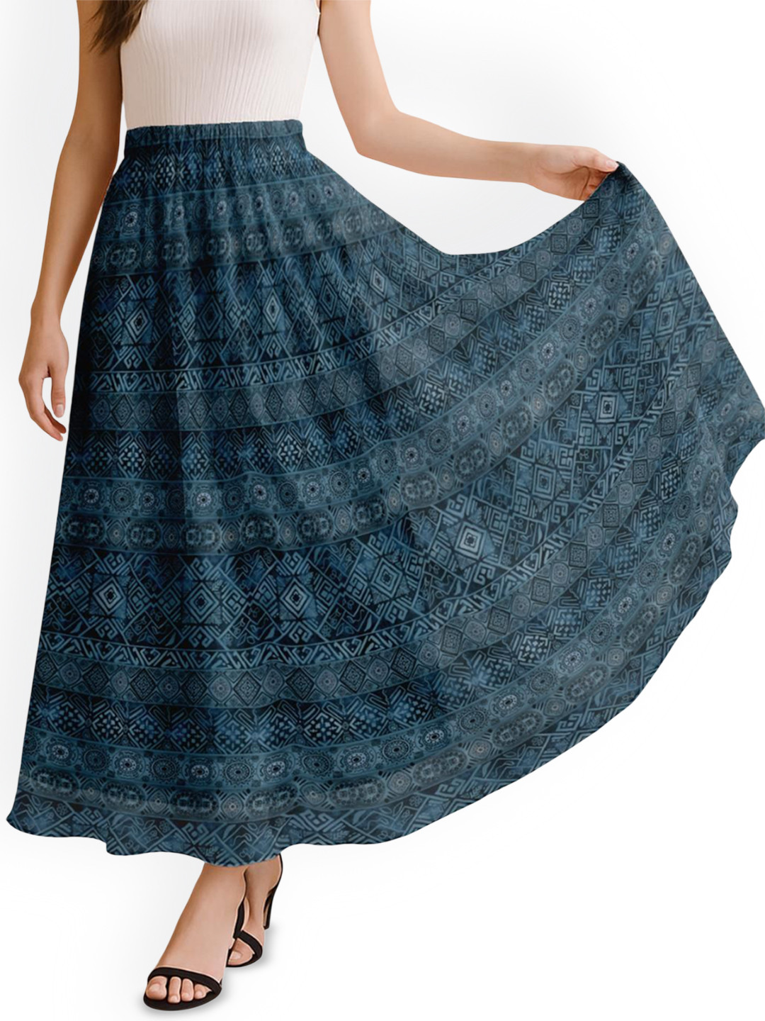 Moomaya Geometric Printed High Waist Flowy A-Line Maxi Skirt