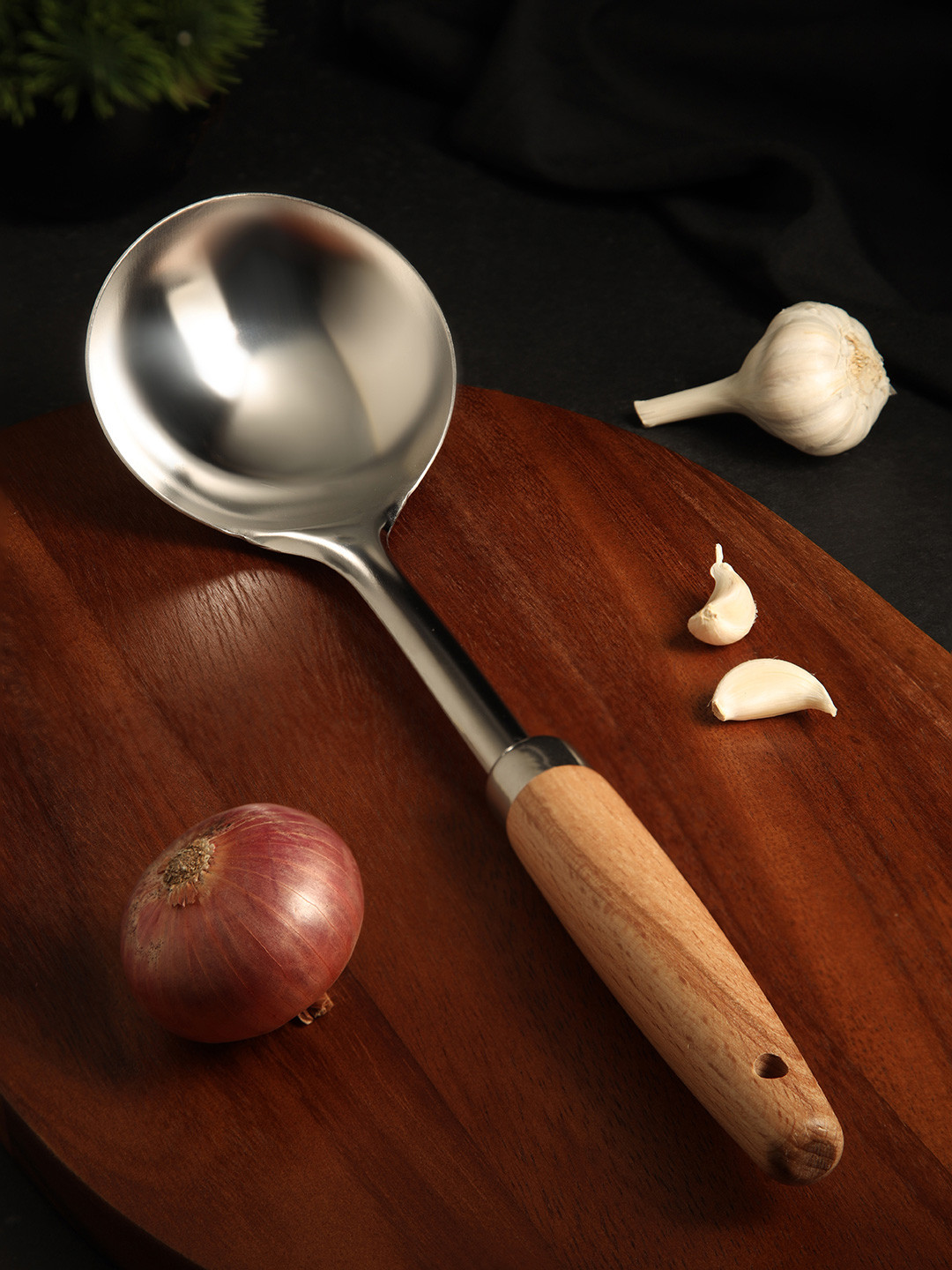 NATURALLY YOURS Brown & Silver Toned 2 Pieces Stainless Steel & Wooden Wok Ladles