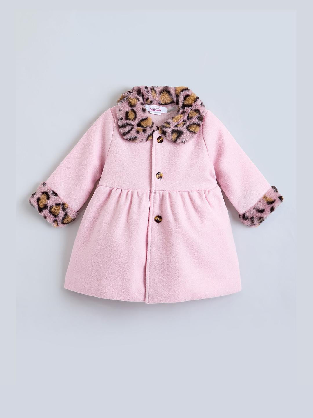 Hopscotch Kids Pink Full-Sleeve Animal Print Collar & Cuffs Coat