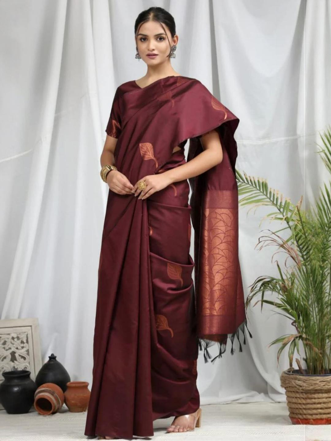 GHAN SALS Maroon Silk Blend Woven Design Sarees
