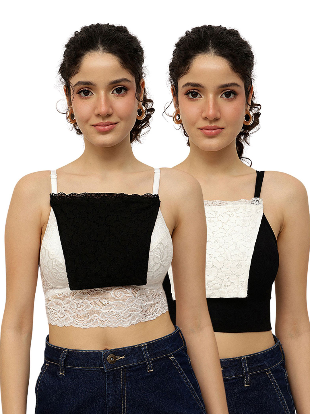 Espresso Women Pack of 2 Black & Off White Lace Cami Slip Cleavage Insert Cover Bra