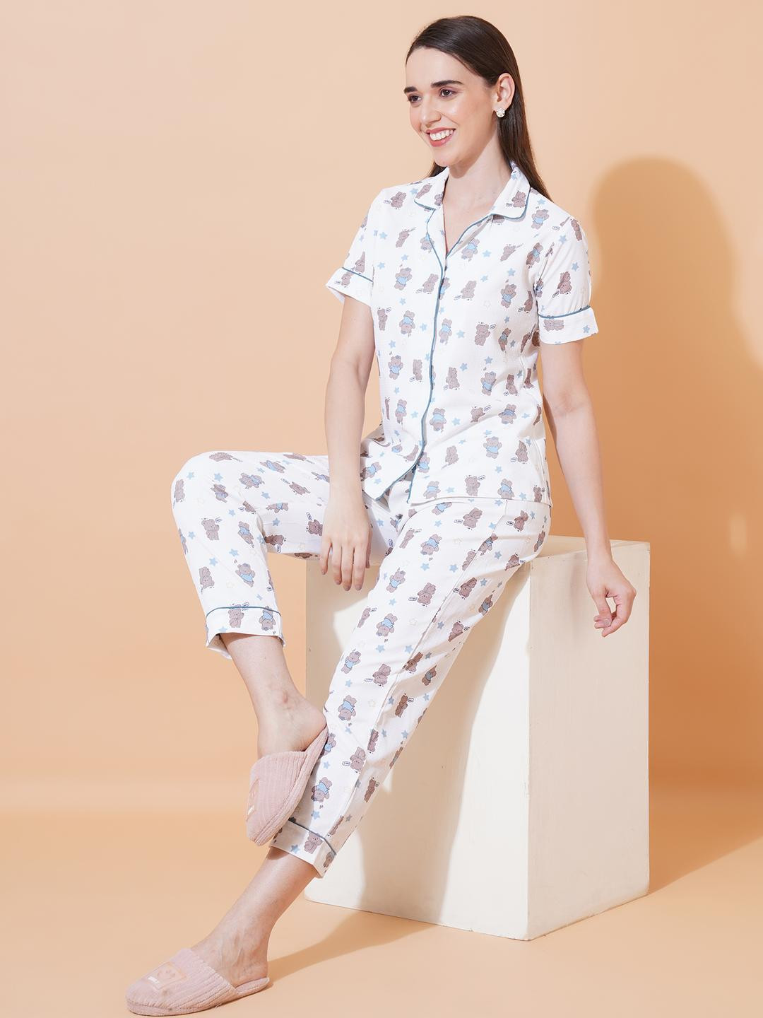 ARV TRENDS Women  White & Blue Teddy Bear Print Knitted Pajama Set with Short Sleeves