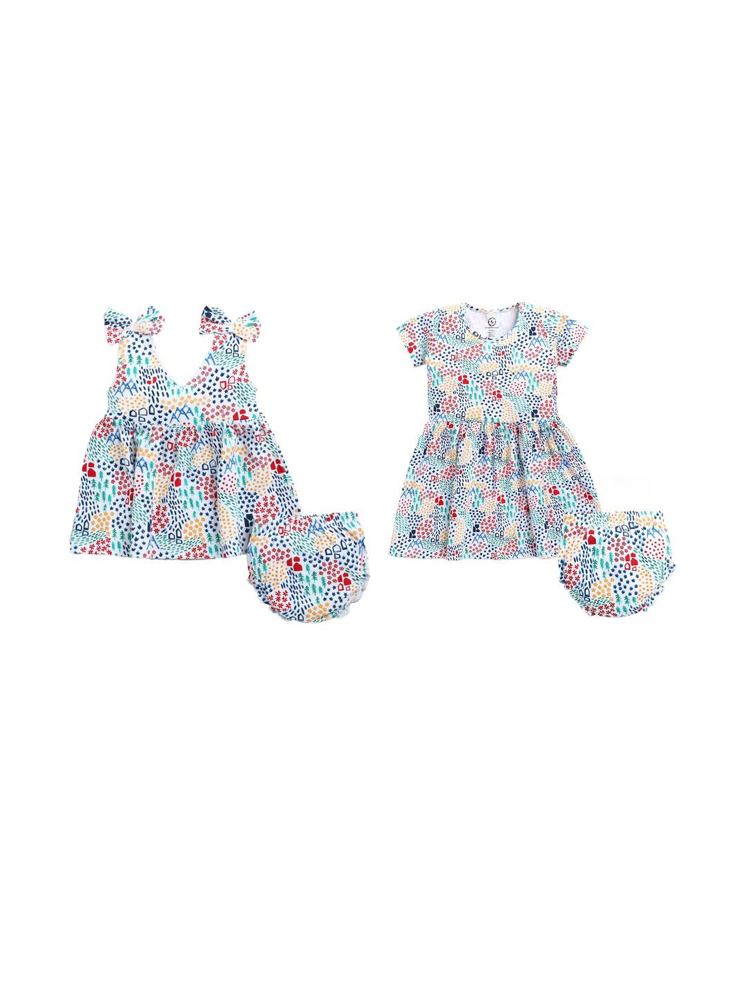 THE COTTON BABY Kids Girls Pack Of 2 Multi Colored Printed Cotton Dress With Panty