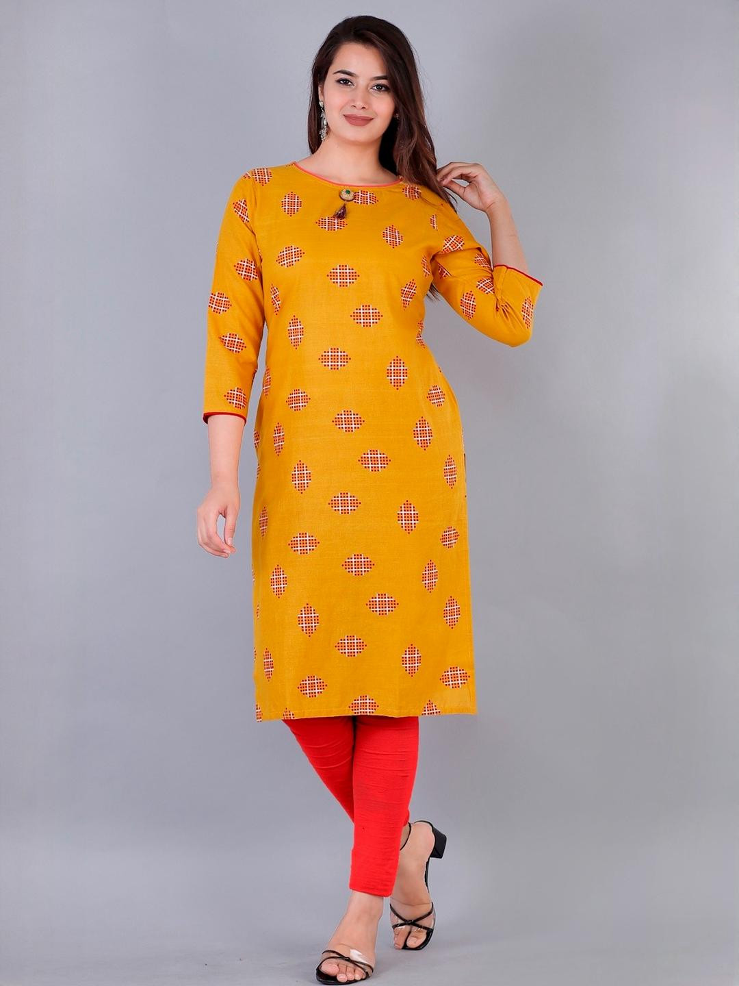 PAHAL ATTIRE Women Mustard Cotton Straight Kurtas