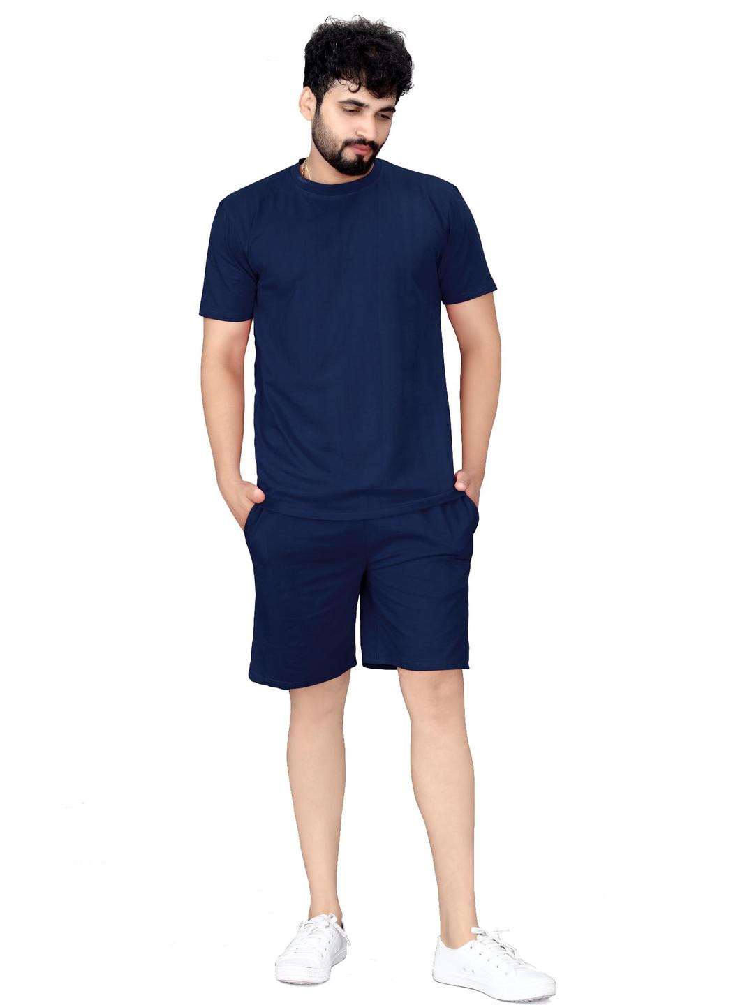 SATPURUSH Men Navy Blue Solid Relaxed Fit T-Shirt & Shorts Night Suit Set