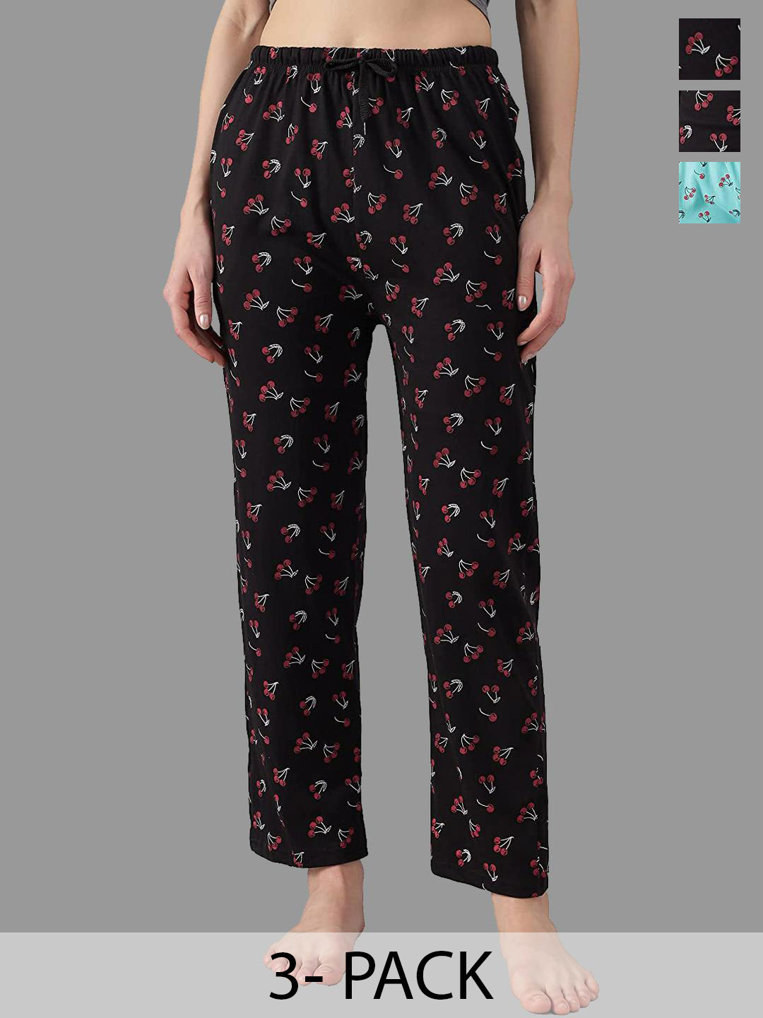 FIT N FAME Women Pack Of 3 Black And Blue Printed Casual Wear Pajamas