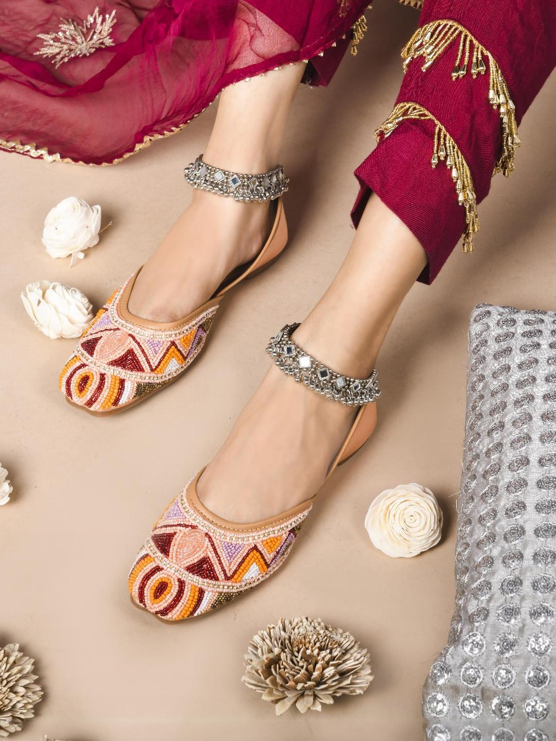 THE STHAPAK BLESS YOUR FEET Women Peach Embellished Square Toe Leather Mojaris