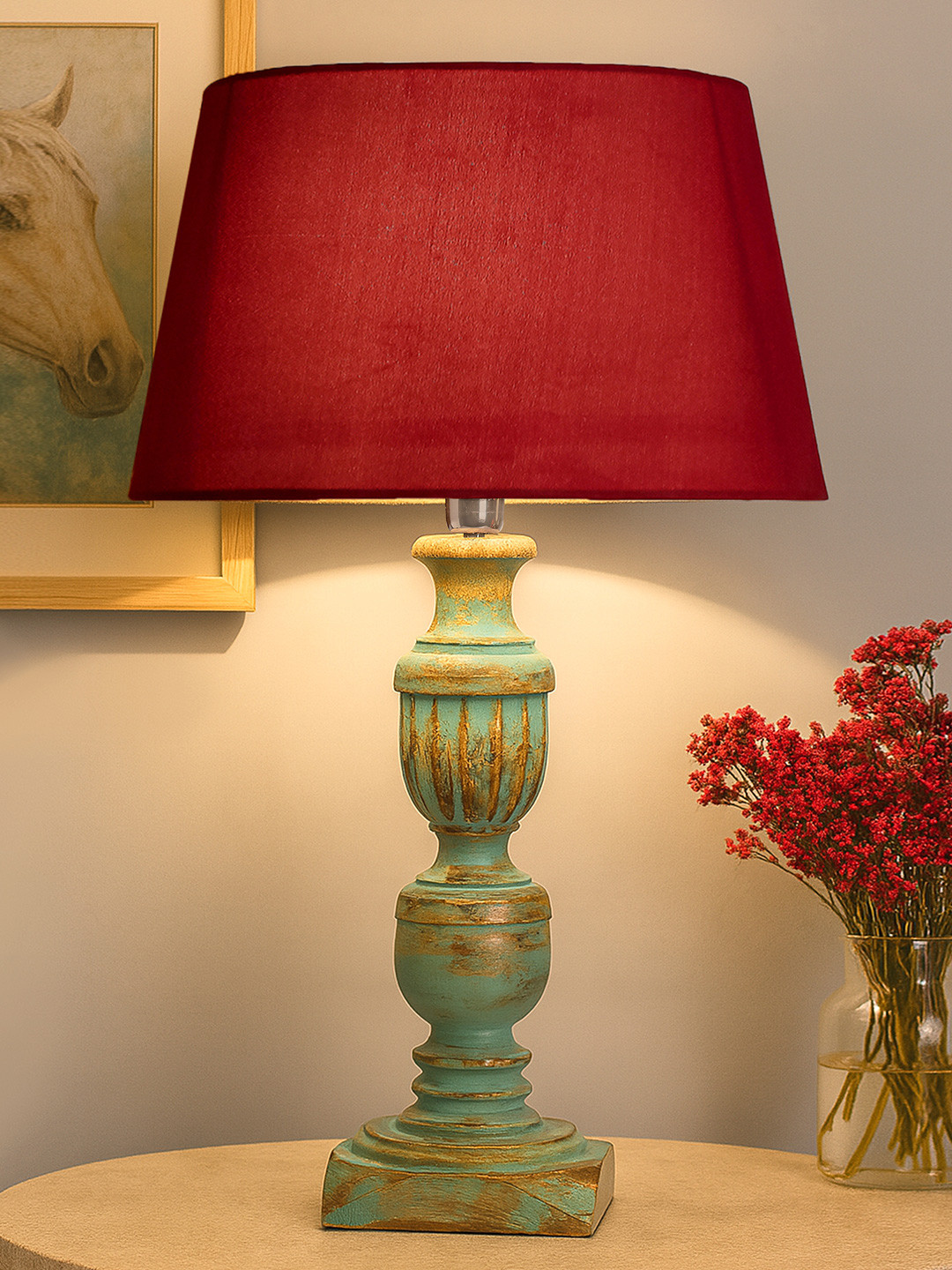 Homesake Blue & Red Solid French Trophy Handcrafted Table Lamp with Shade