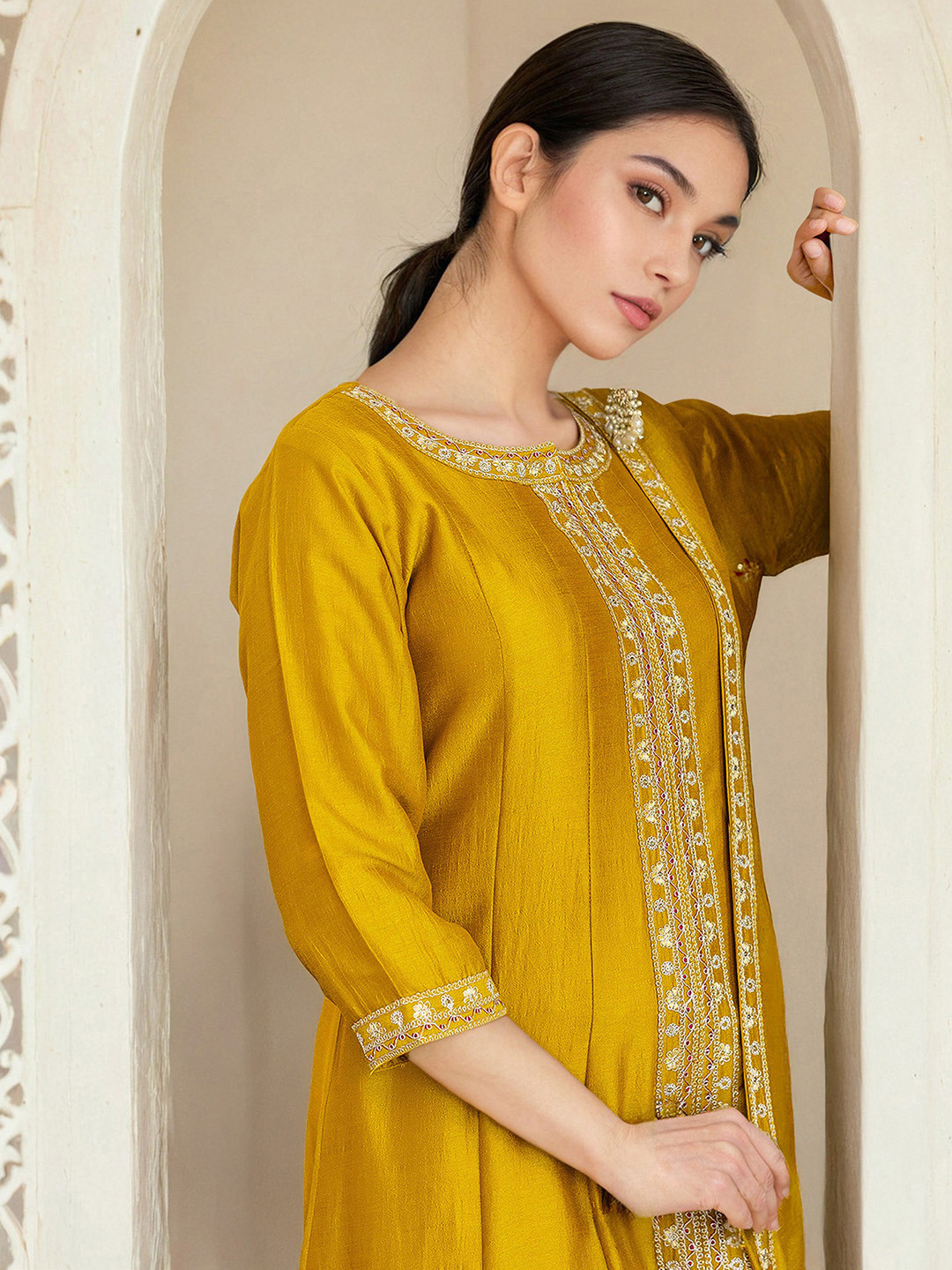 Skylee Pop Floral Embroidered Panelled A-Line Kurta With Trousers & Dupatta