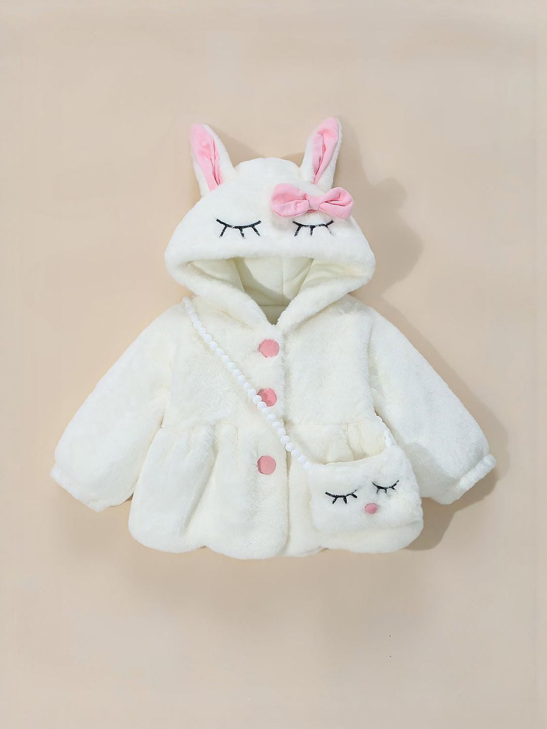 Hopscotch Girls Bow & Bunny Hooded Fur Front Open Jacket