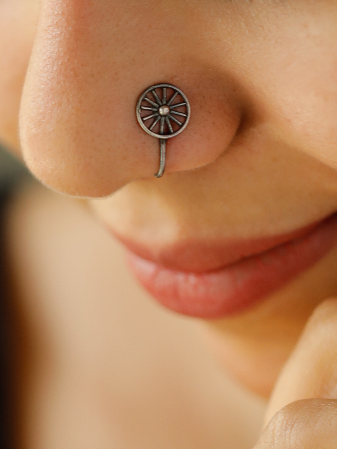 House of Aadyaa Sterling Silver Oxidised Filigree Chakra Shapede Stud Nosepin