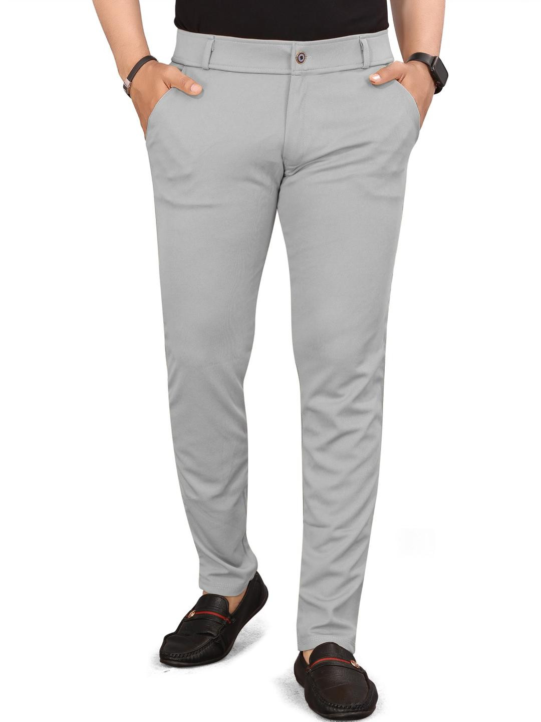 Akshat Enterprise Men Light Grey Solid Polyester Slim Fit Trousers