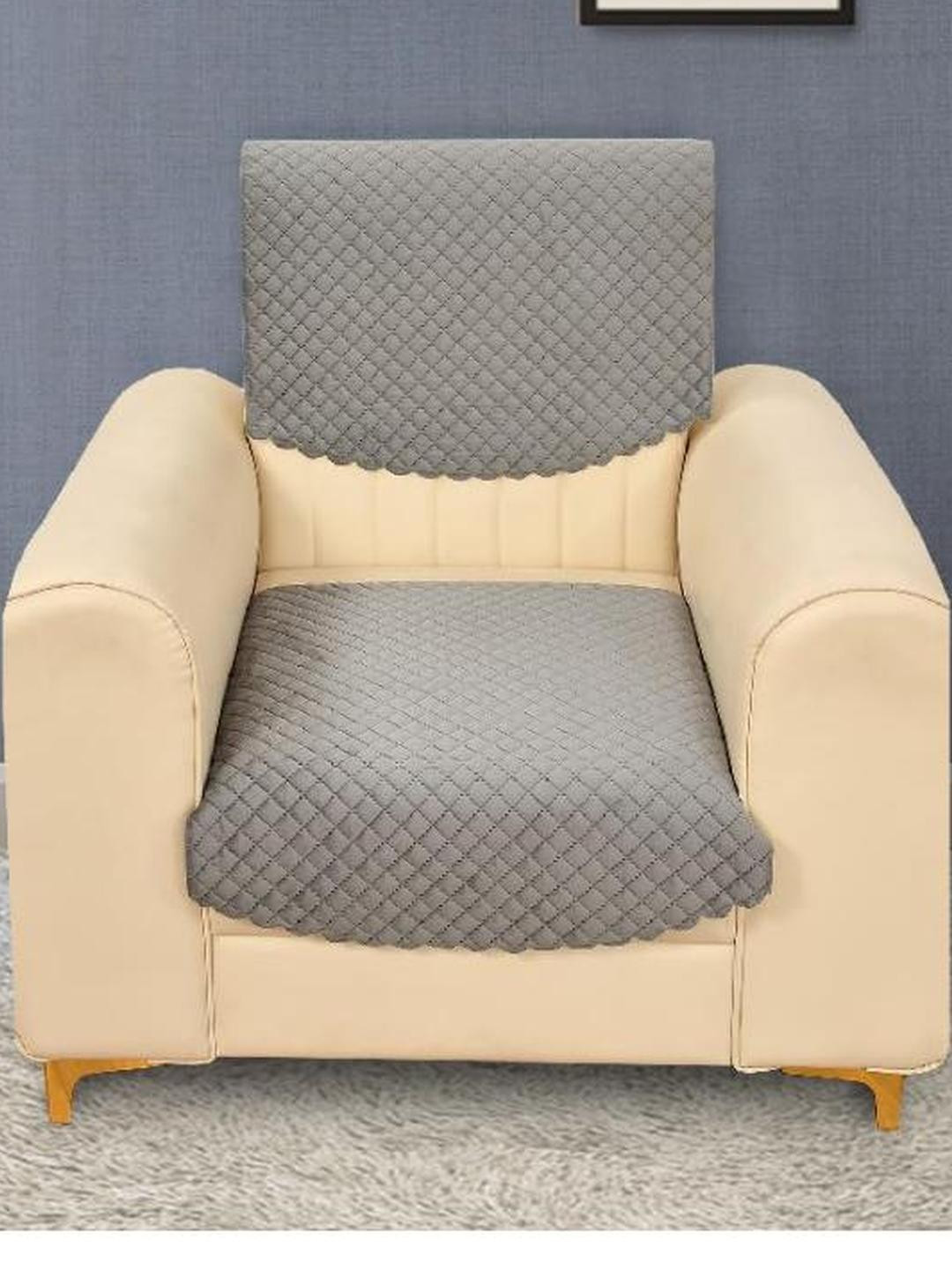 Myntra Elegant Homes Grey & Beige Velvet 2 Piece Self Design Sofa Cover Without Arms