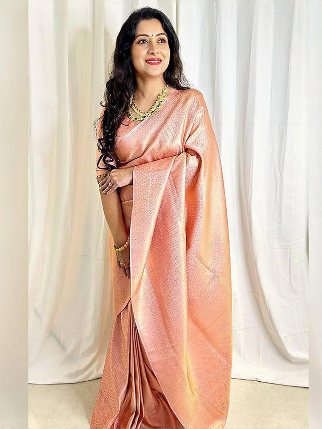 GHAN SALS Peach Silk Blend Woven Design Sarees