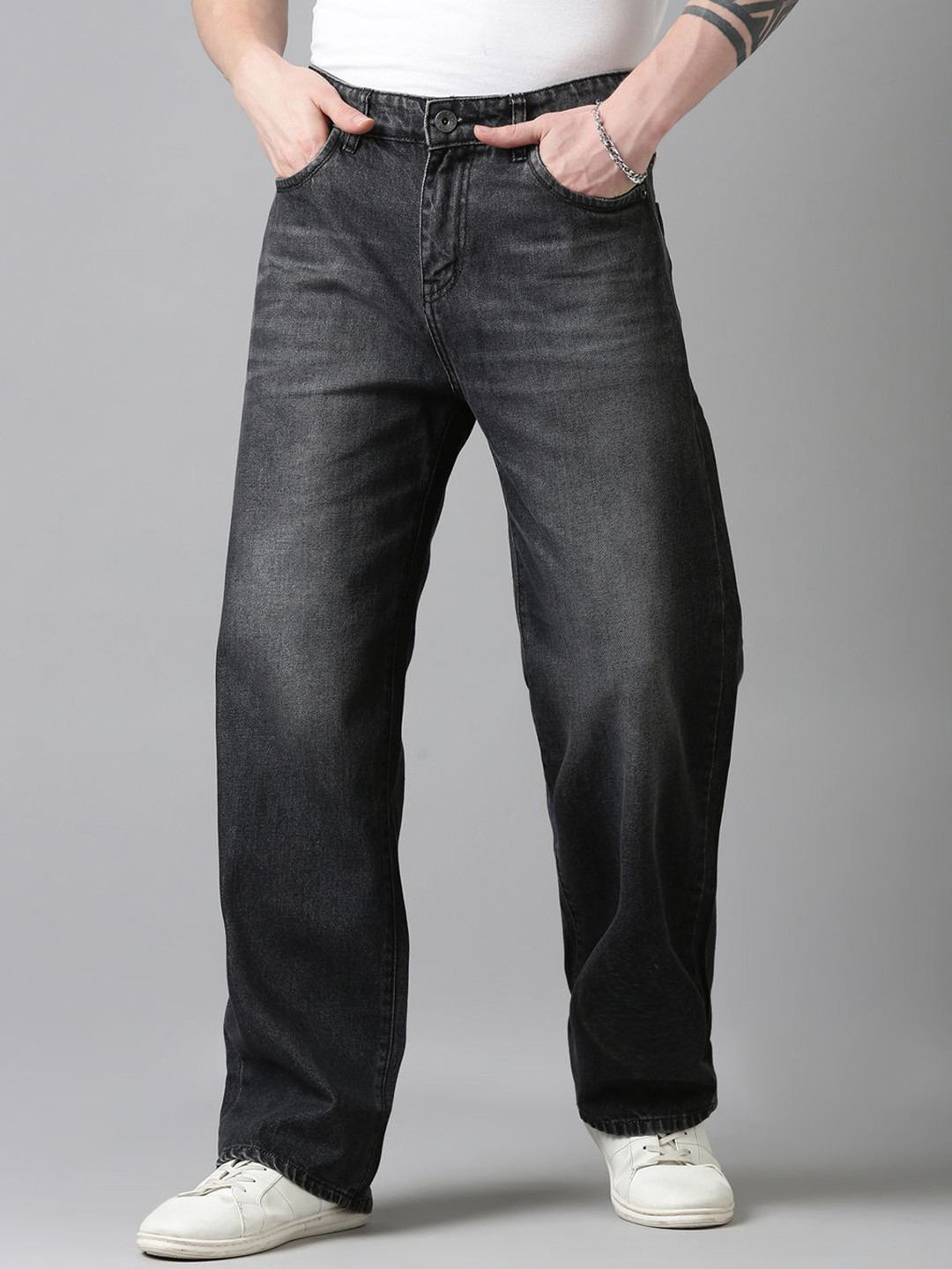 CINOCCI Men Cotton Mid-Rise Heavy Fade Baggy Jeans