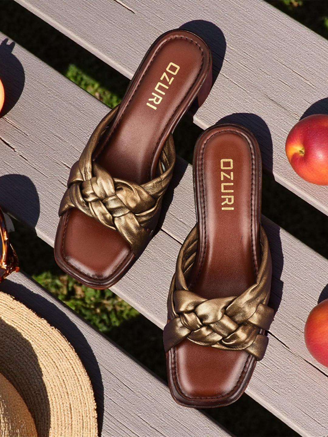 Ozuri Women Metallic Leather Block Heel Sandals