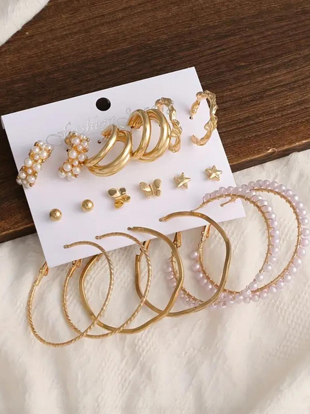 DressBerry  Combo Of 9 Pair Butterfly Star Studs And Plain Pearl Hoop Earrings
