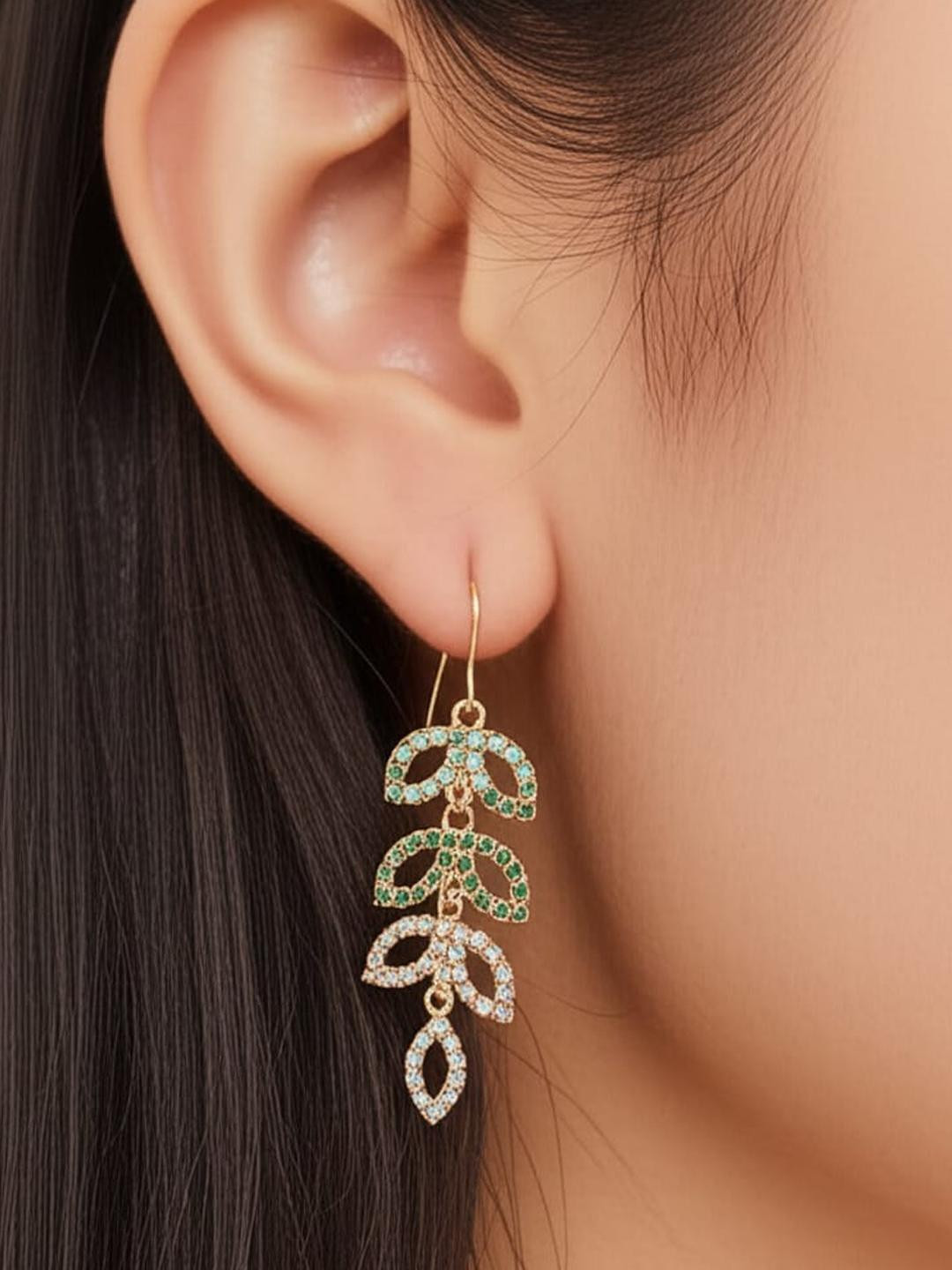 Namaste Jewels Women Green & White Leaf Shaped  With Artificial Stones Drop Earrings