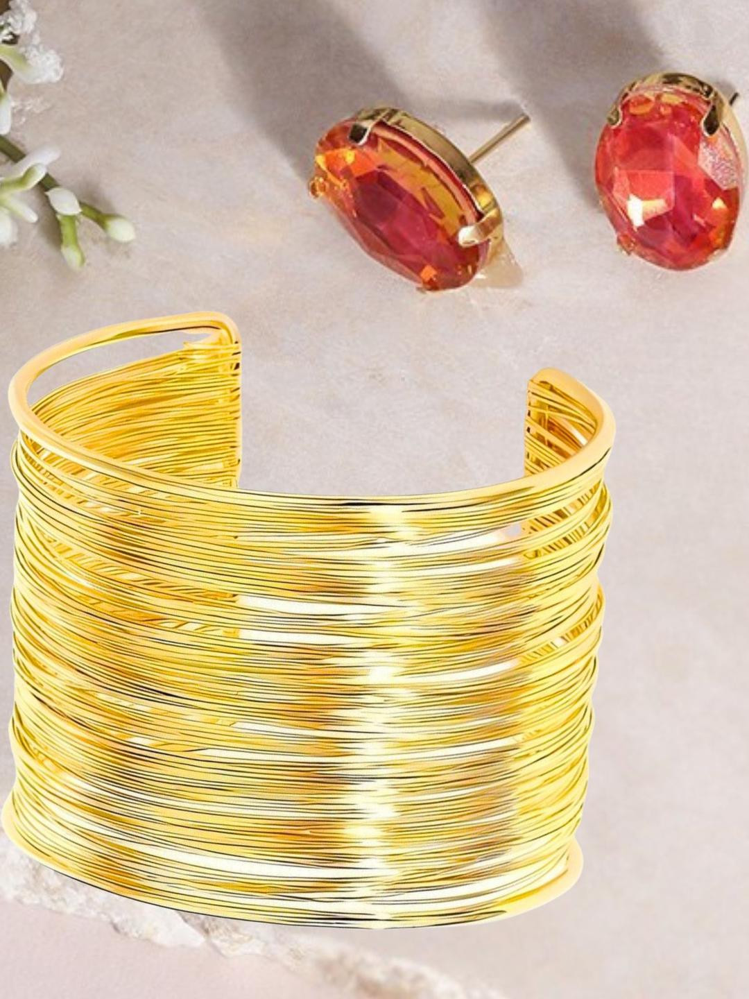 Anouk Combo of Gold Plated Red Crystal Stud Earrings with Cuff Bracelet