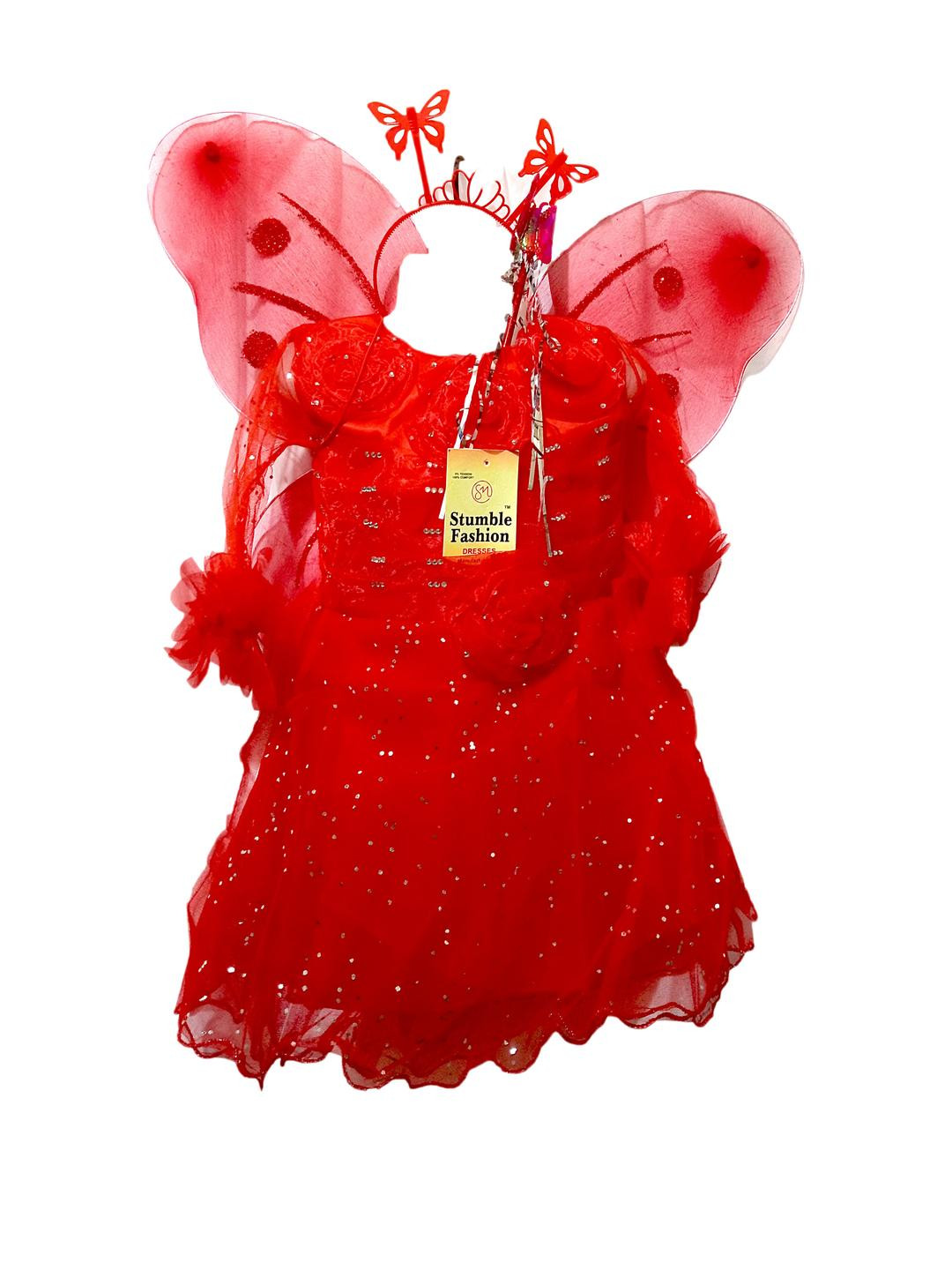 STUMBLE FASHION Girls Red Floral Applique Butterfly Party Dress