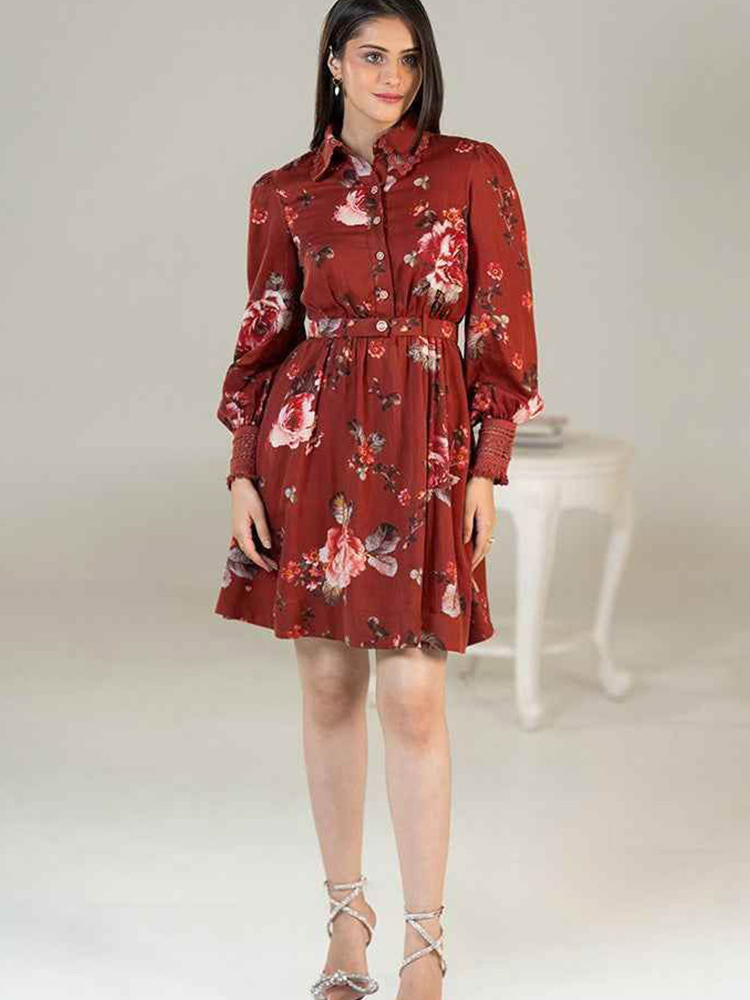 PRETTY PIXIE Floral Print Shirt Collar Cuffed Sleeves Fit & Flare Dress