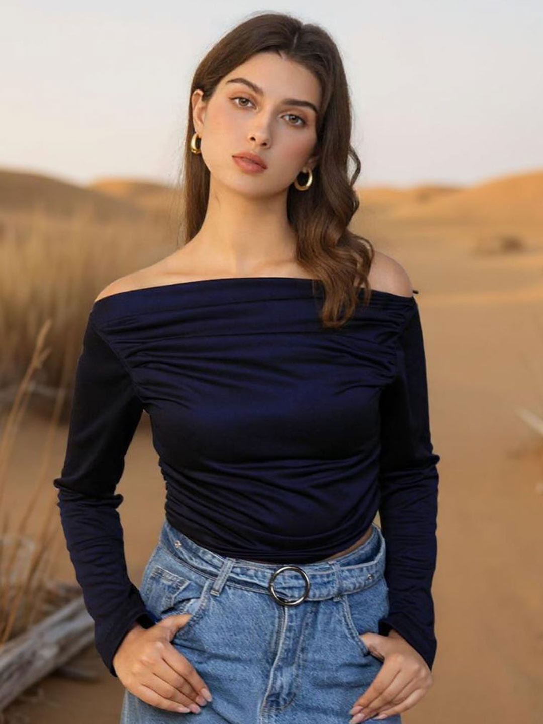 Istyle Can Women Long Sleeve Off-Shoulder Long Sleeve Bardot Crop Top