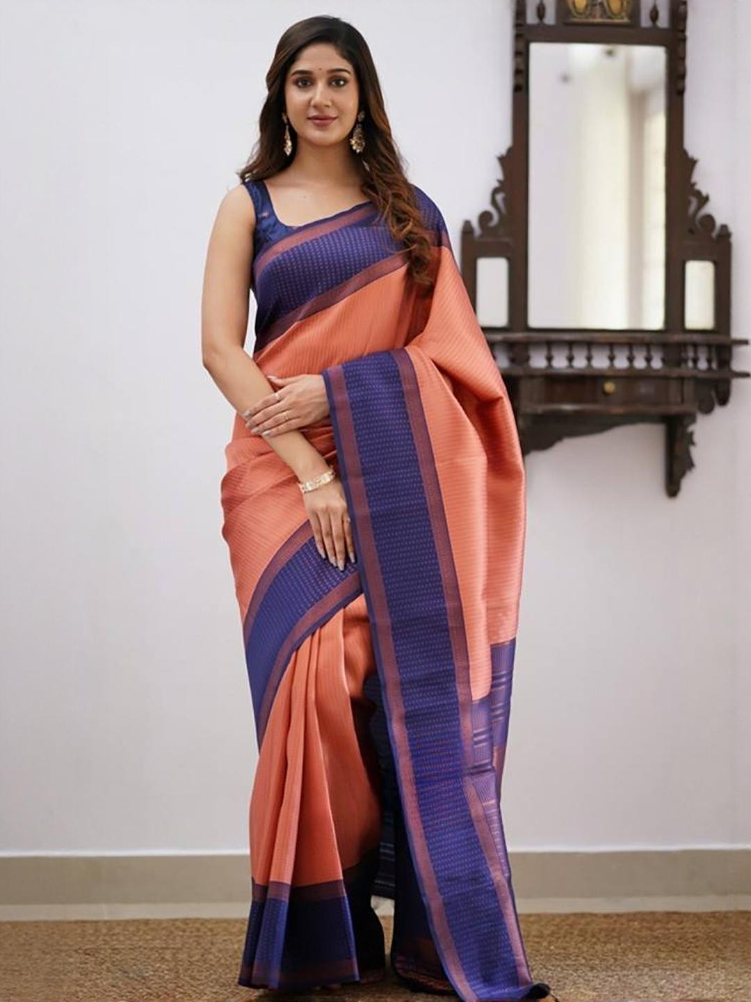 GHAN SALS Orange Silk Blend Woven Design Sarees