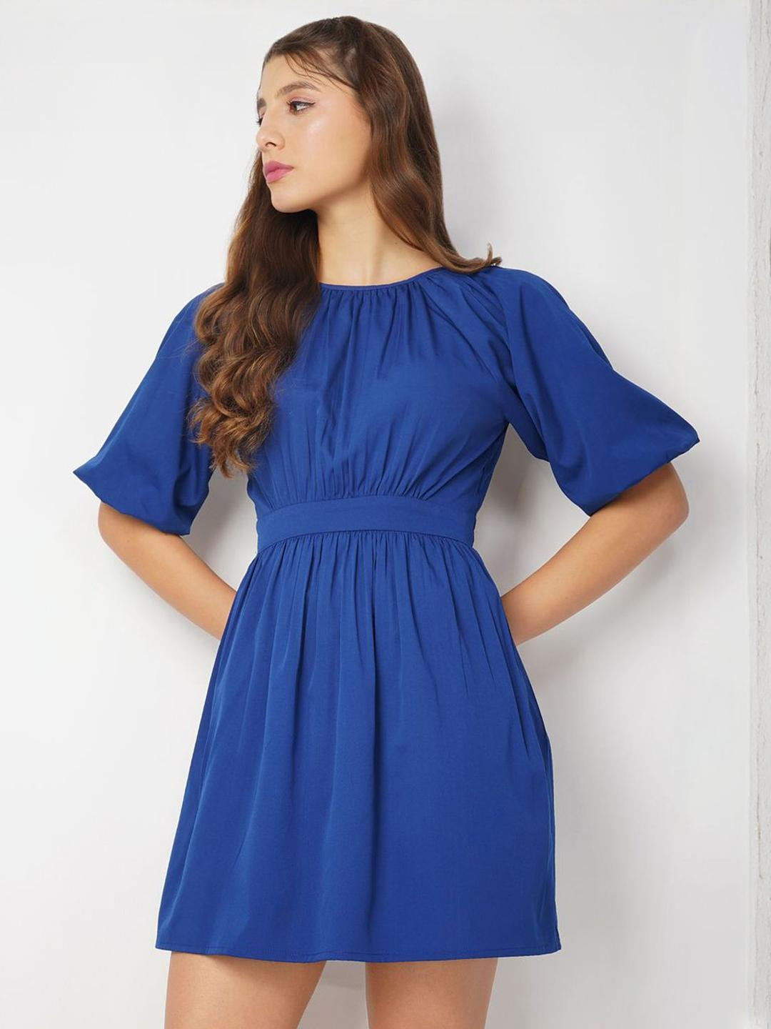 HERE&NOW Women Blue Belle Bishop Sleeve Fit & Flare Mini Dress With Waist Tie-Ups