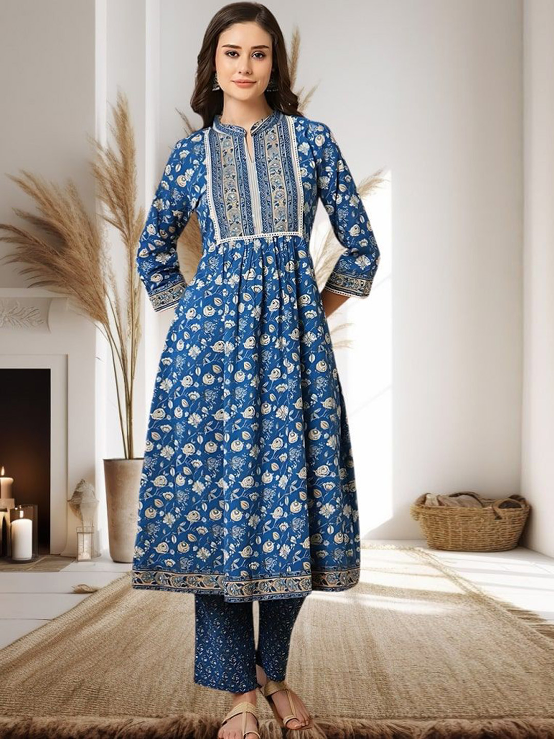 Art Of Colours Women Floral Printed Cotton Anarkali Kurta with Trousers