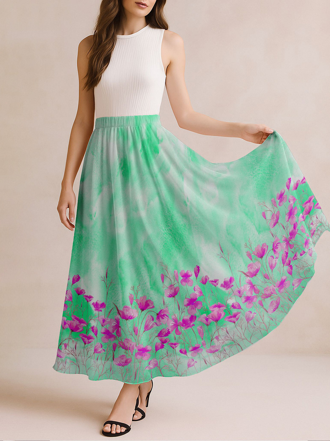 Moomaya Women Printed High Waist Flowy A-Line Maxi Skirt
