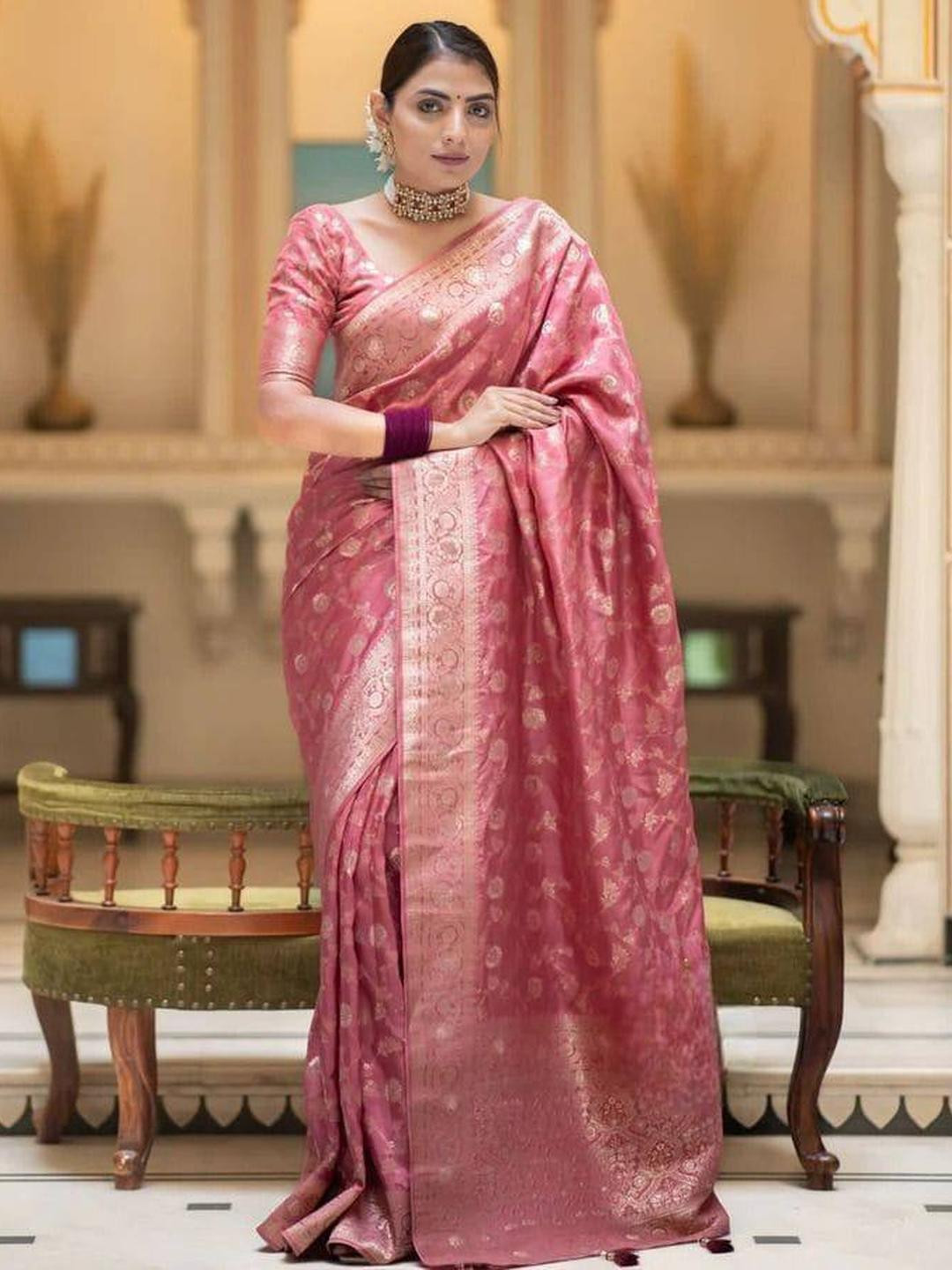 Sita Peach Silk Blend Woven Design Sarees
