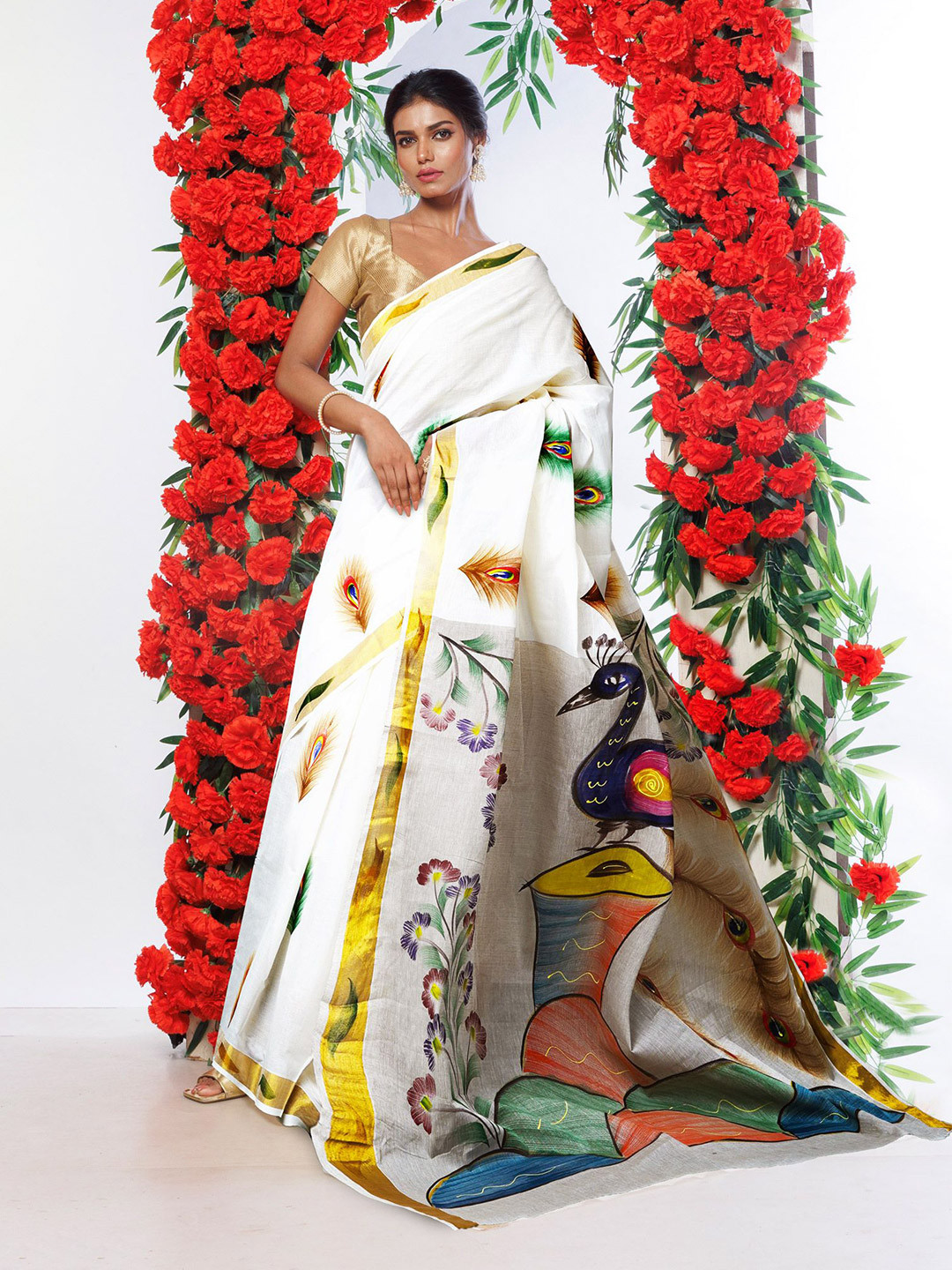 Unnati Silks Women Ethnic Motifs Printed Zari Traditional Kasavu Saree